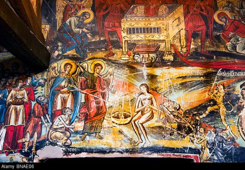 BNAE06 Fresco depicting good deeds being weighed against sins on the day of judgement in Pammegiston Taxiarchon church Milies Pelion
